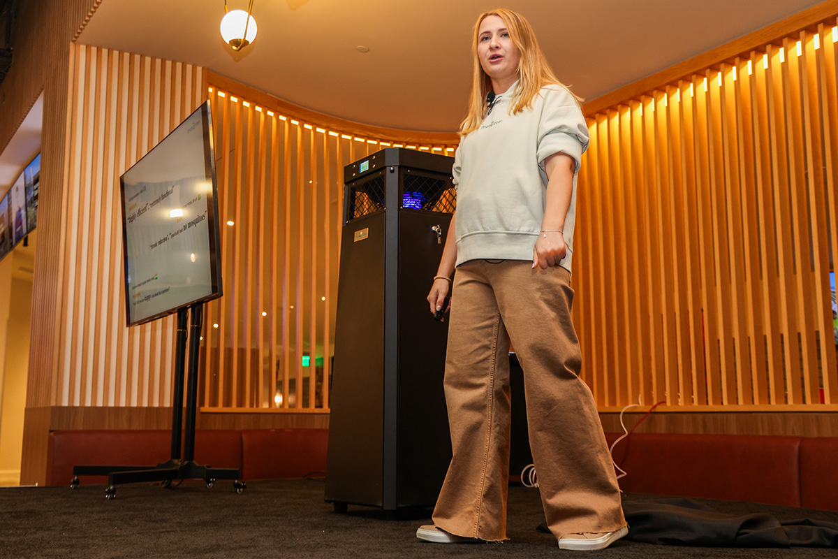 Mosqitter founder pitches her company onstage at a Techstars event
