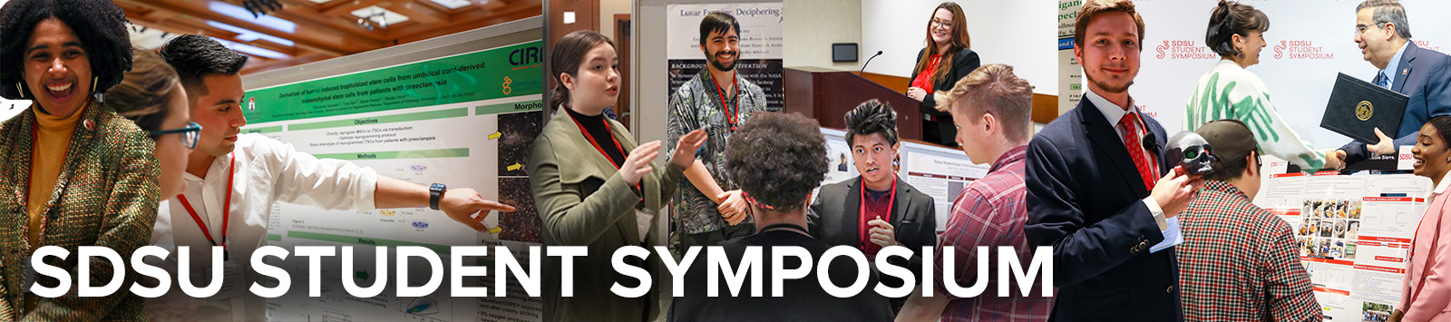 Collage of students presenting their research in poster and oral presentation forms and receiving awards